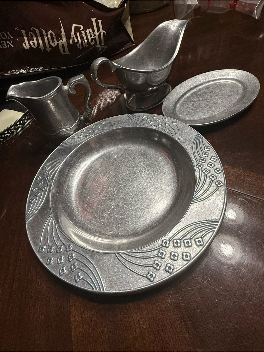 Wilton Armetale Silver Floral-Trim Serving Plates with Sauce Boats